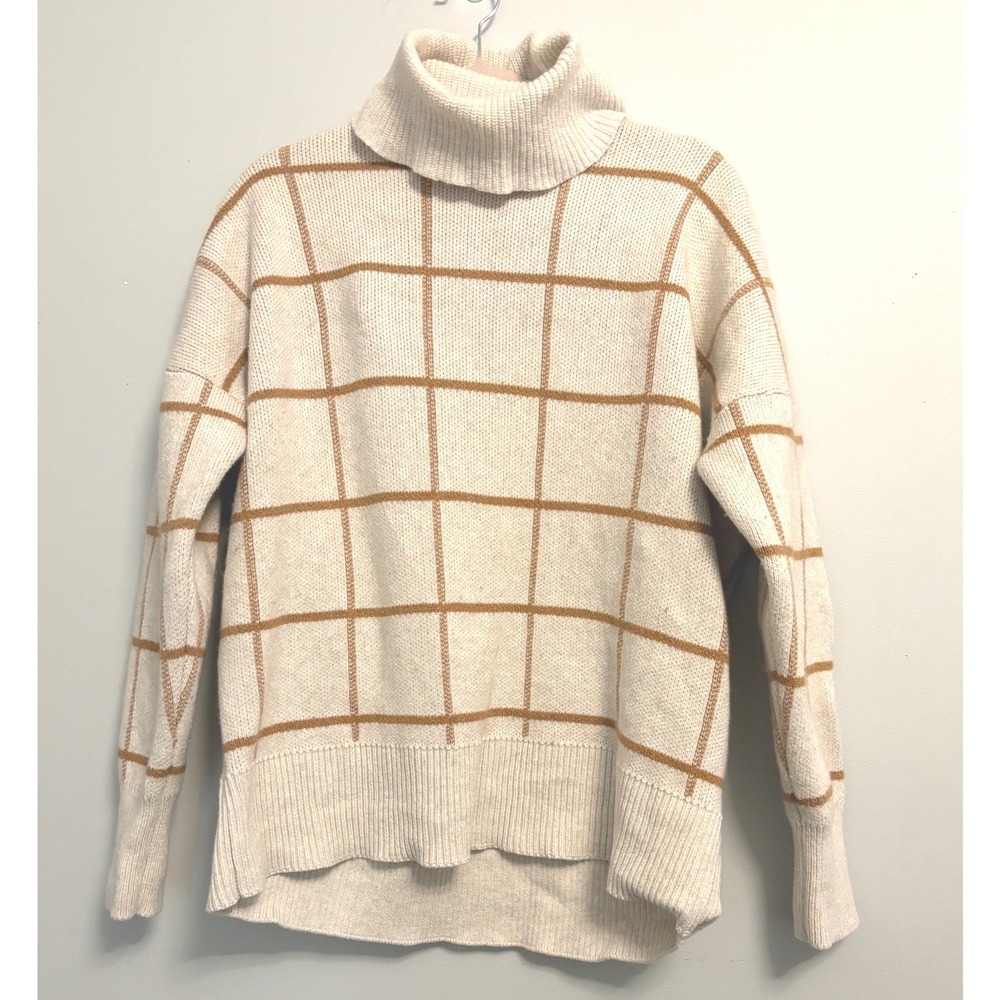 Madewell Windowpane Turtleneck Sweater Cream Tan Merino Wool Blend M - Picture 3 of 9